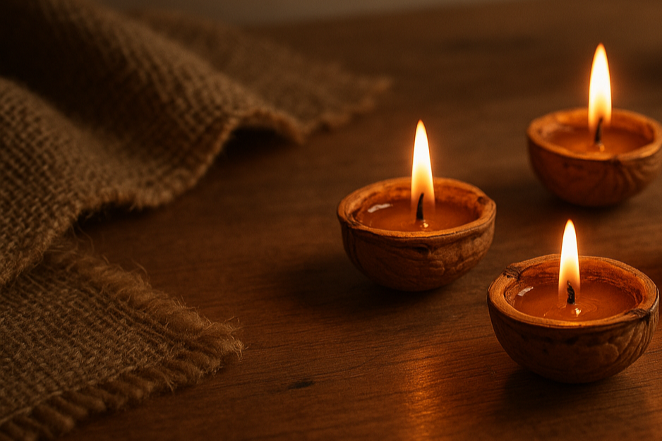 A warm, rustic lifestyle scene with handmade eco-friendly walnut shell candles glowing softly on a wooden table, natural textures, cozy light, soft shadows, minimalist background, cinematic photography, high detail, professional product shot, perfect for an elegant homepage banner