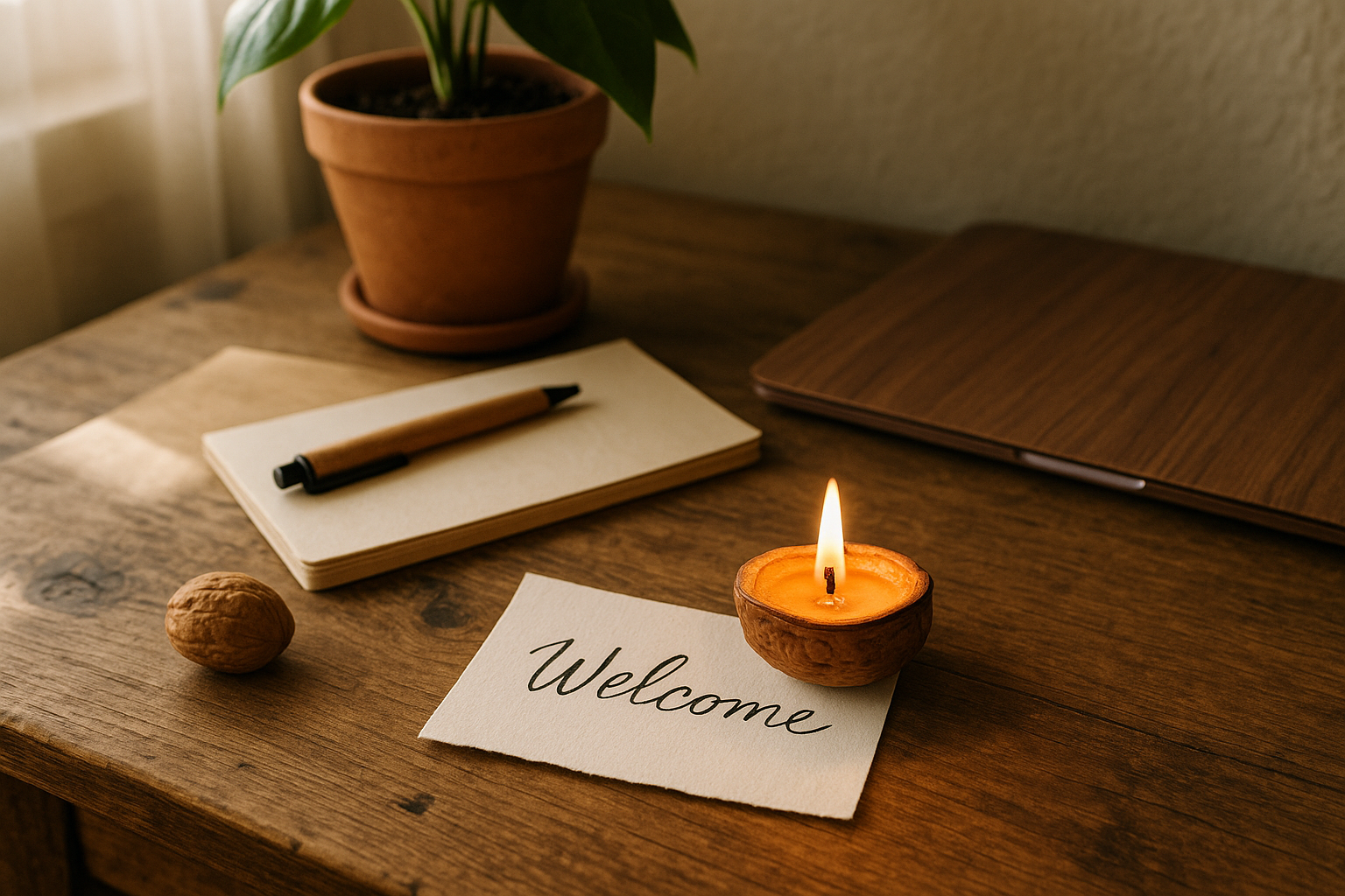 A welcoming rustic desk scene with soft natural light, a handwritten note beside a glowing walnut shell candle, warm wooden textures, minimalist eco aesthetic, cozy atmosphere, professional lifestyle photography style.