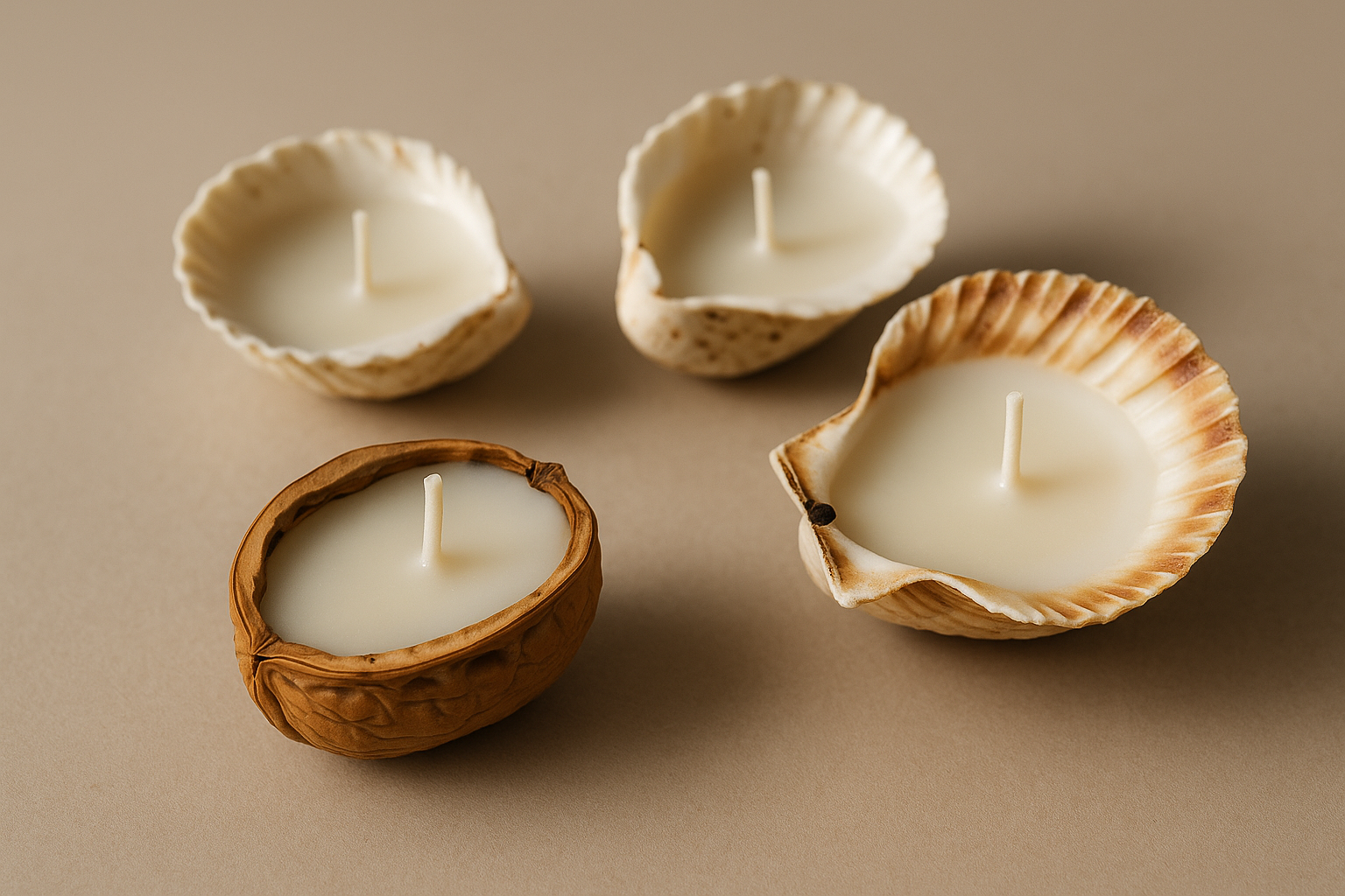 High-quality product photography of handmade eco-friendly walnut shell and ocean shells candles on a neutral background, elegant lighting, sharp detail, natural textures, minimalist composition, luxury eco brand style